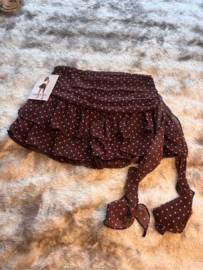 NWT Fairycore Amber Sky  Brown Skirt with Pink Polka Dots and Ruffle Layers
